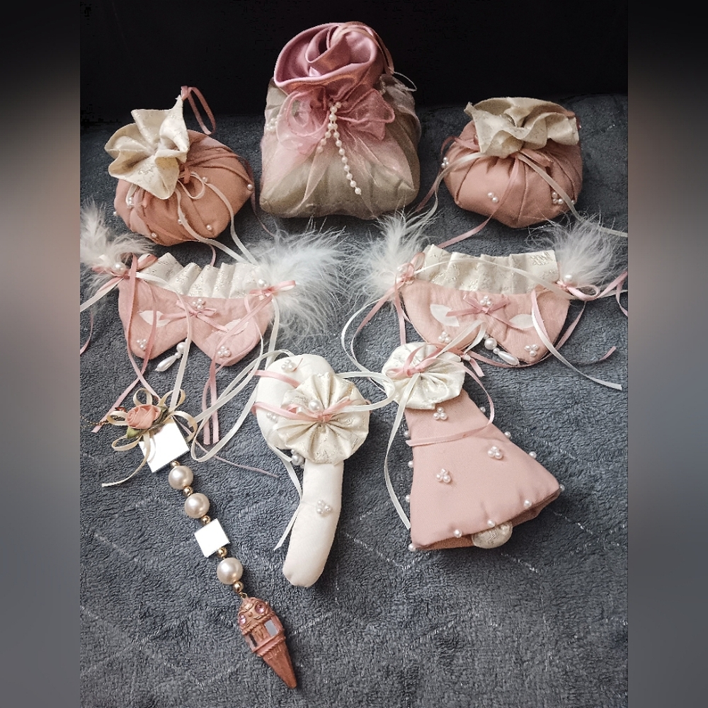 9pc Elegant Pink & White Fabric Christmas Tree Ornament Bundle